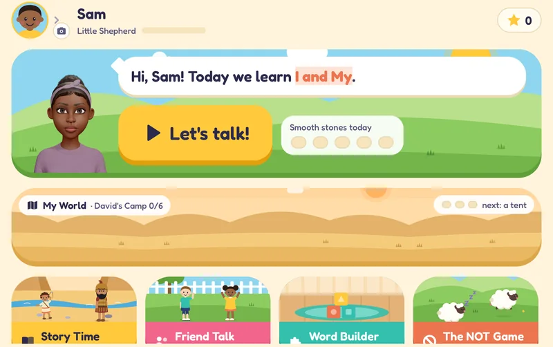 The Brave Words home screen. Bina says: Hi, Sam! Today we learn I and My. A big yellow Let's talk button, a My World strip showing David's Camp, and tiles for Story Time, Friend Talk, Word Builder and The NOT Game.
