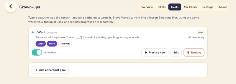The Grown-ups area, Goals tab. A goal called I Want: requests with a phrase instead of pointing, grabbing, or single words. 45 items ready, with buttons to practise now, edit or remove.